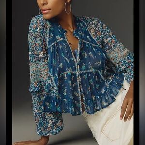 Anthropologie Floral Blue Sheer Blouse